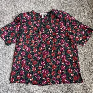 Vintage SK&Company Sheer Button-up Blouse Floral Roses Size 12 Shoulder Pads